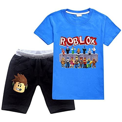 Kleinkind Jungen Kurzarm T-Shirt und kurze Robloxs Grafik Outfit Set 2-teilig Sommer Baumwolle Bekleidungsset Gr. 7-8 Jahre, blau von CKCKTZ