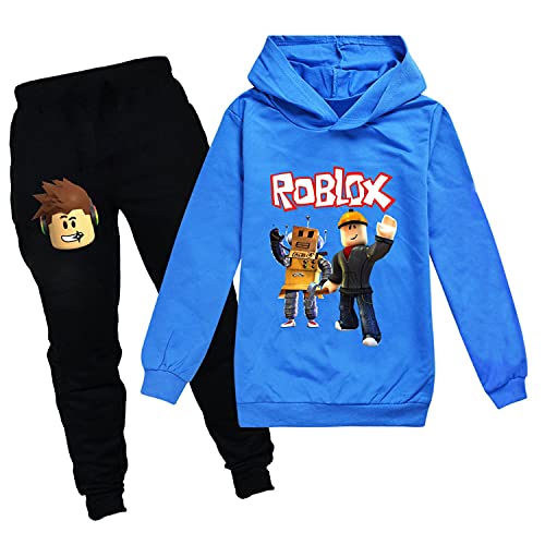 Ro-blox Game Jungen Hoodies Mädchen Outfits Cartoon Kinder Pullover Sweatshirt Hose 2 Stück Mode Kleidung Sets Gr. 11-12 Jahre, Blue01 von CKCKTZ