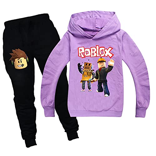 Ro-blox Game Jungen Hoodies Mädchen Outfits Cartoon Kinder Pullover Sweatshirt Hose 2 Stück Mode Kleidung Sets Gr. 4-5 Jahre, purple01 von CKCKTZ