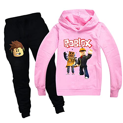 Ro-blox Game Jungen Hoodies Mädchen Outfits Cartoon Kinder Pullover Sweatshirt Hose 2 Stück Mode Kleidung Sets Gr. 5-6 Jahre, Pink01 von CKCKTZ