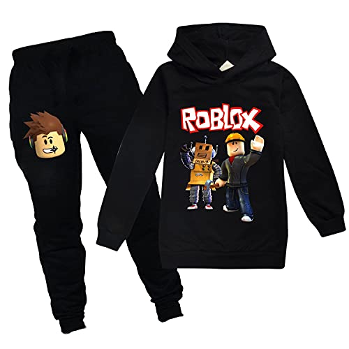 Ro-blox Game Jungen Hoodies Mädchen Outfits Cartoon Kinder Pullover Sweatshirt Hose 2 Stück Mode Kleidung Sets Gr. 9-10 Jahre, Schwarz01 von CKCKTZ