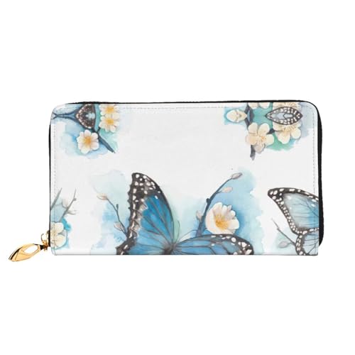 CKGODGF Blauer Schmetterling auf Blüte und Blumendruck, modische Ledergeldbörse für Damen und Herren, mit Reißverschluss, geeignet für Reisen von CKGODGF