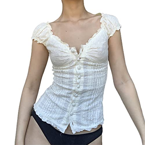CKurityn Korsett Top 2000s T-Shirts Spitze Trim Vintage Harajuku Knopf V Ausschnitt Slim Pullover Tees y2k Milkmaid Top von CKurityn