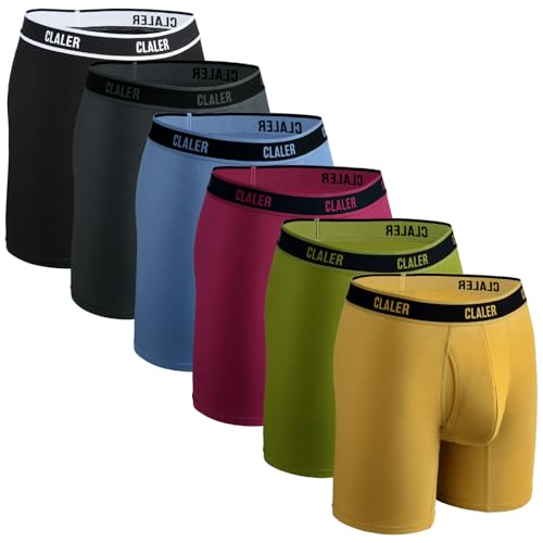 CLALER Bambus Boxershorts Herren Antimikrobiell Unterhosen Männer mit Eingriff Retroshorts Boxer Unterwäsche Stretch Bequem 6er Pack（Schwarz+Dunkelgrau+Dunkelblau+Dunkelrot+Militärgrün+Ingwergelb,L von CLALER