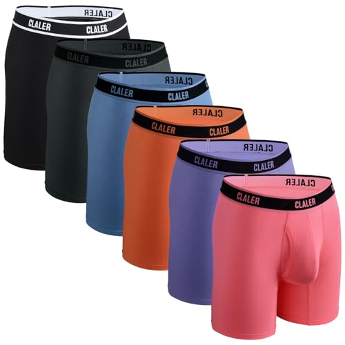 CLALER Bambus Boxershorts Herren Antimikrobiell Unterhosen Männer mit Eingriff Retroshorts Boxer Unterwäsche Stretch Bequem 6er Pack（Schwarz+Dunkelgrau+Mittelgrau Blau+Orange+Lila+Pink,XL von CLALER