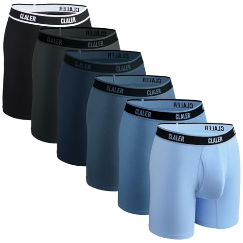 CLALER Bambus Boxershorts Herren Antimikrobiell Unterhosen Männer mit Eingriff Retroshorts Boxer Unterwäsche Stretch Bequem 6er Pack（Schwarz+Grau+Königsblau+Dunkelblau+Mittelgraublau+Seeblau,L von CLALER