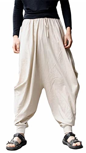 CLANMILUMS Lässige Haremshose für Herren, Baggy, Hippie, Cosplay, tiefer Schritt, Beige, XXL von CLANMILUMS