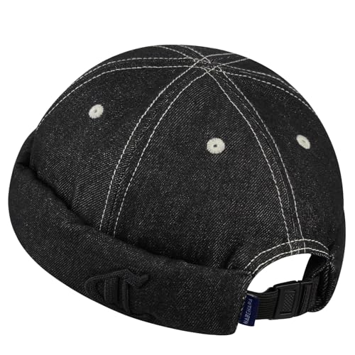 CLAPE Docker Cap Herren Denim Cotton Docker Mütze Stickerei Seemannsmütze Verstellbar Hafenmütze Rolled Cuff Brimless Hat Retro Rollmütze Black HBMH1 von CLAPE