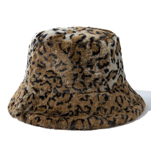 CLAPE Leopardenmuster Kunstfell Fischerhut Leopard Bucket Hat Damen Plüsch Eimer Hut Faltbar Warm Wintermütze Pelzig Flauschig Anglerhut von CLAPE