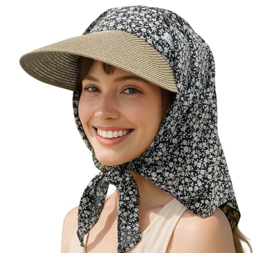 CLAPE Sonnenhut Damen Baseballkappe Stroh Krempe Bandana Baseball Cap UV Schutz Bandana mit Schirm Kopftuch Sonnenkappe Outdoor Mütze FloralBlack SV2502 von CLAPE