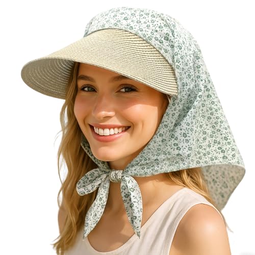 CLAPE Sonnenhut Damen Baseballkappe Stroh Krempe Bandana Baseball Cap UV Schutz Bandana mit Schirm Kopftuch Sonnenkappe Outdoor Mütze FloralGreen SV2502 von CLAPE