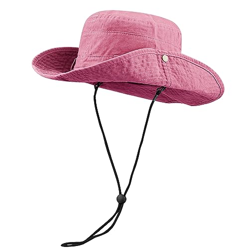 CLAPE UPF50+ Safari Hut Outdoor Buschhut Boonie Hut mit Kinnband Baumwolle Fischerhut Sonnenhüte Herren Damen Sonnenschutz Wanderhut Pink HJY6 von CLAPE