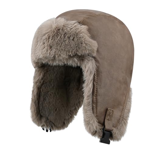 CLAPE Unisex Kunstleder Fliegermütze Wasserdicht Trappermütze Warme Wintermütze mit Ohrenklappen Faux Fur Trapper Hut Vintage Russische Mütze von CLAPE