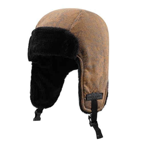 CLAPE Wasserdicht Trappermütze mit Ohrenklappen Kunstleder Fliegermütze Warme Kunstfellmütze Ushanka Wintermütze Herren Vintage Russenmütze von CLAPE