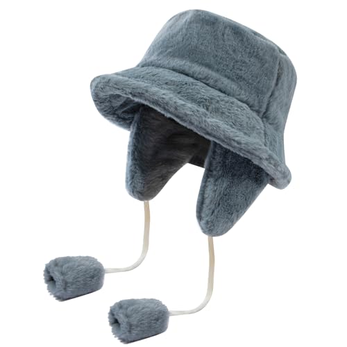CLAPE Winter Bucket Hat with Ear Flaps Kunstfell Fischerhut mit Ohrenklappen Warm Flauschig Eimerhut Verstellbar Winddicht Schlapphut Freizeithut von CLAPE