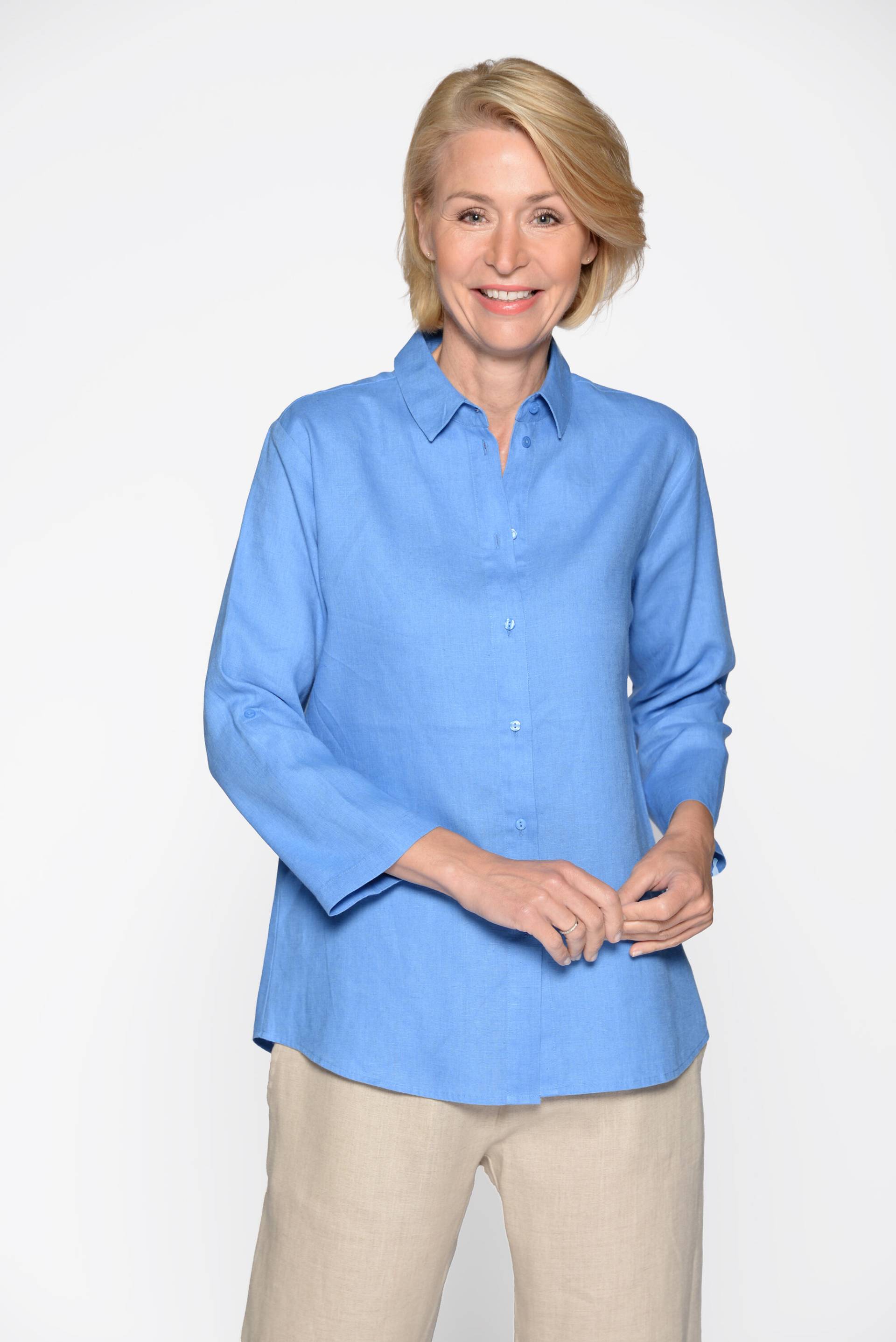 CLARINA - Bluse, Hemdkragen, 3/4 Arm,uni azur - Gr. - 48 von CLARINA