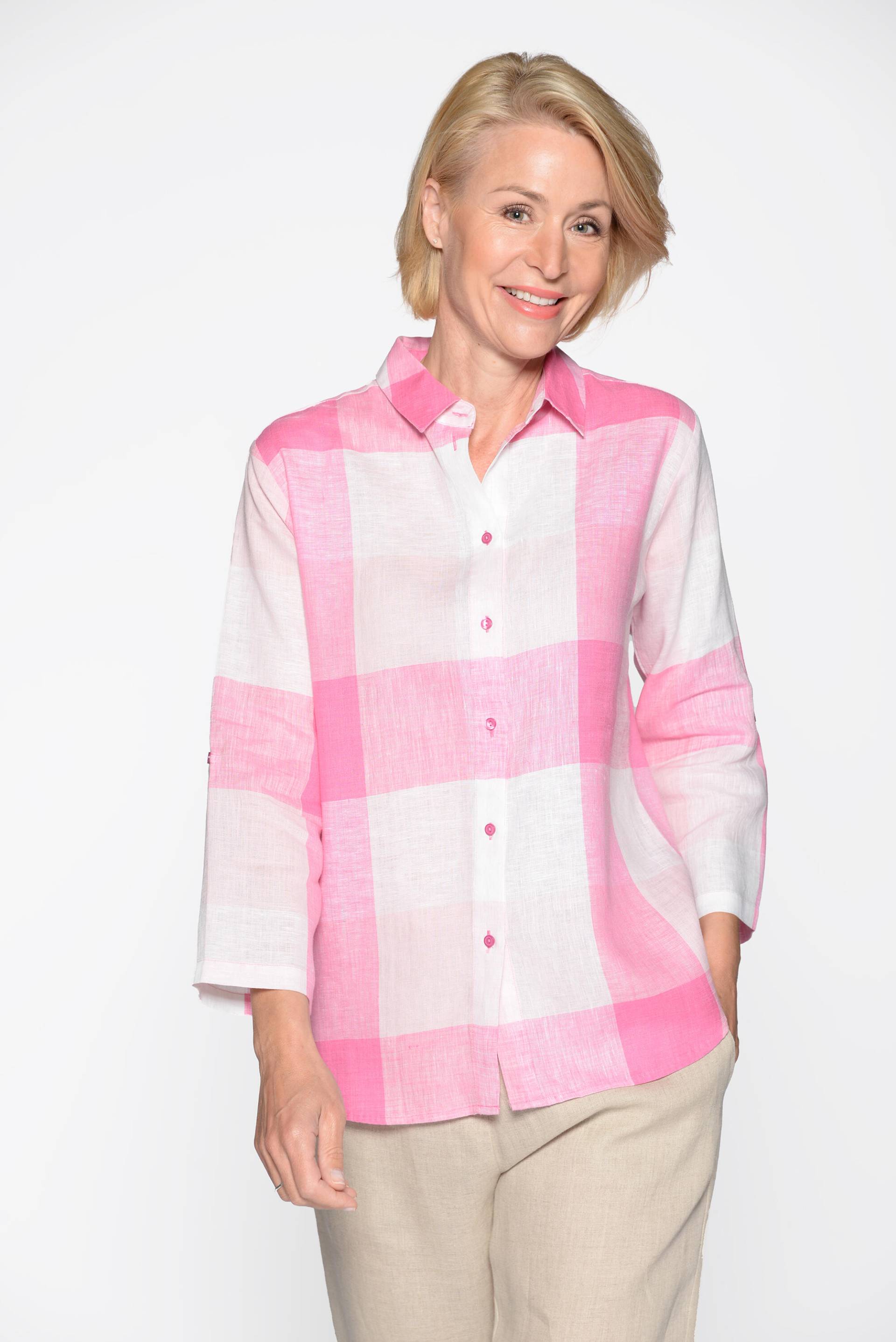 CLARINA - Bluse, Hemdkragen,3/4 Arm,Karo pink combo - Gr. - 40 von CLARINA
