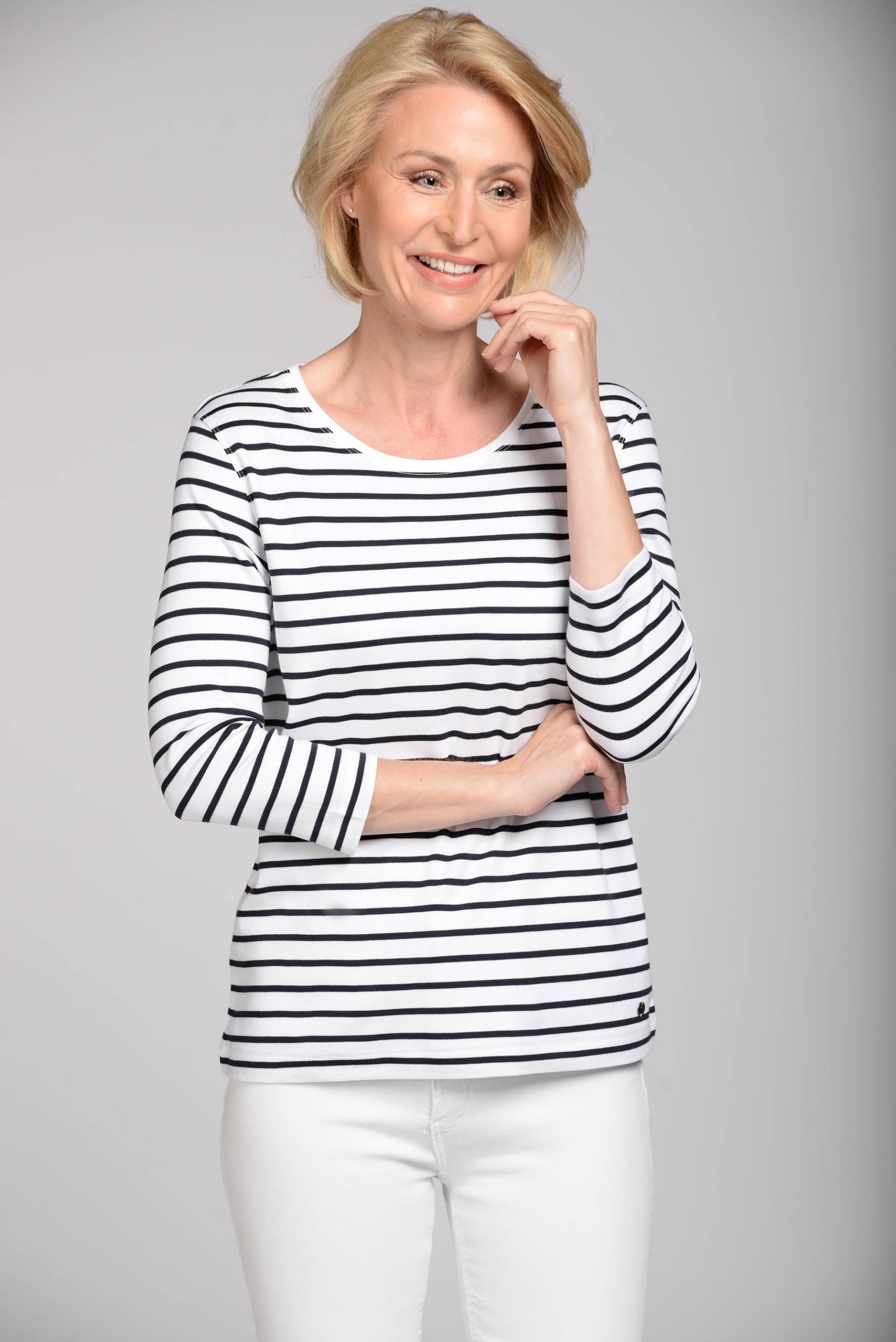 CLARINA - Ganzjahres NOS Rdh.-Shirt,3/4 100 weiss-marine - Gr. - 40 von CLARINA