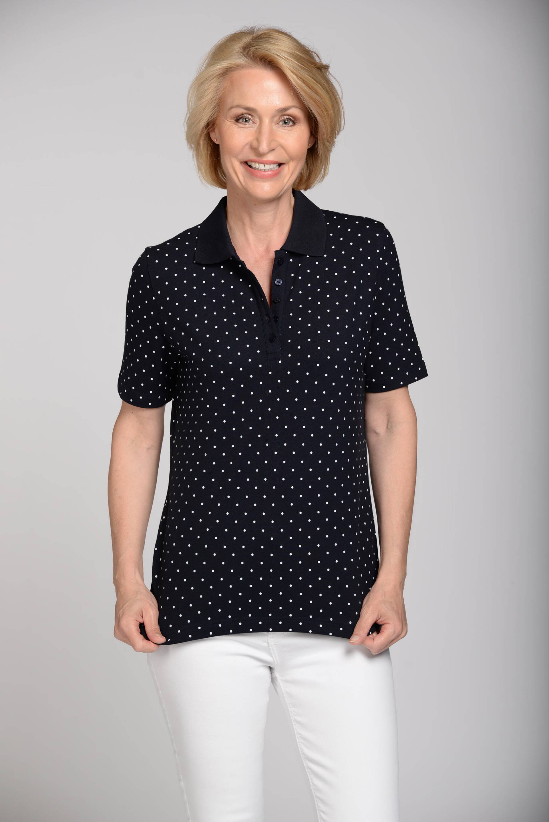 CLARINA - Polo-Shirt,1/2 Arm,Punkte,Piqu marine-weiss - Gr. - 46 von CLARINA