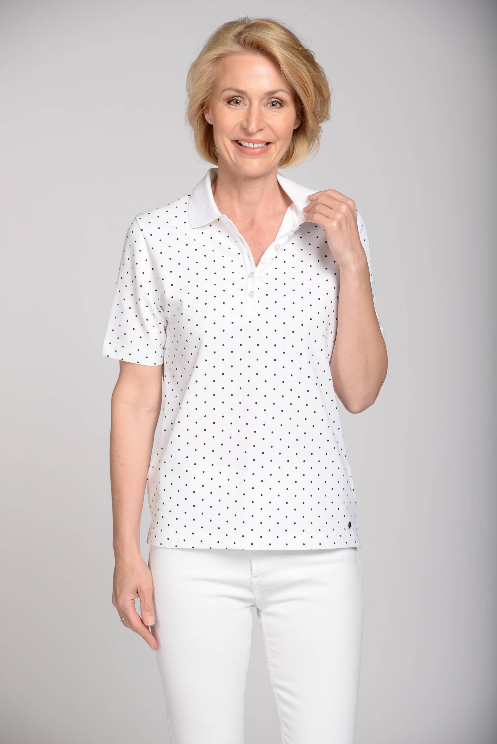 CLARINA - Polo-Shirt,1/2 Arm,Punkte,Piqu weiss-marine - Gr. - 48 von CLARINA