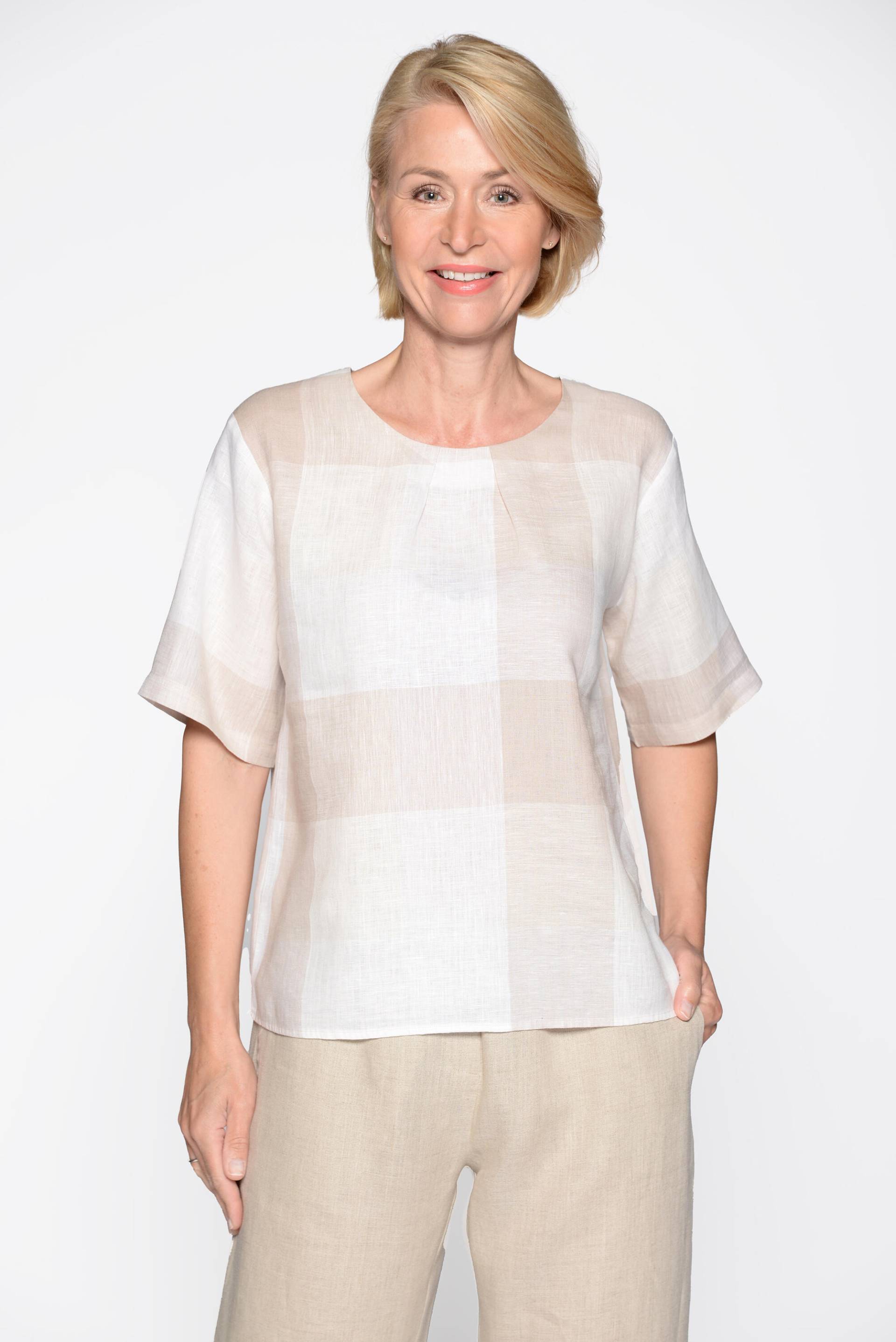 CLARINA - Rdh.-Bluse, 1/2 Arm, Karo natur combo - Gr. - 42 von CLARINA