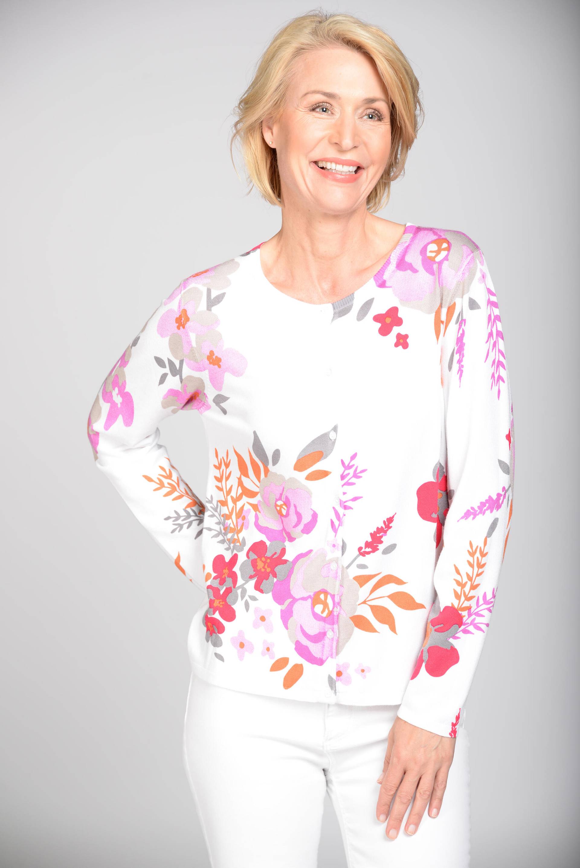 CLARINA - Rdh.-Cardigan, 1/1 Arm, Druck 450 pfirsich-geranie - Gr. - 44 von CLARINA