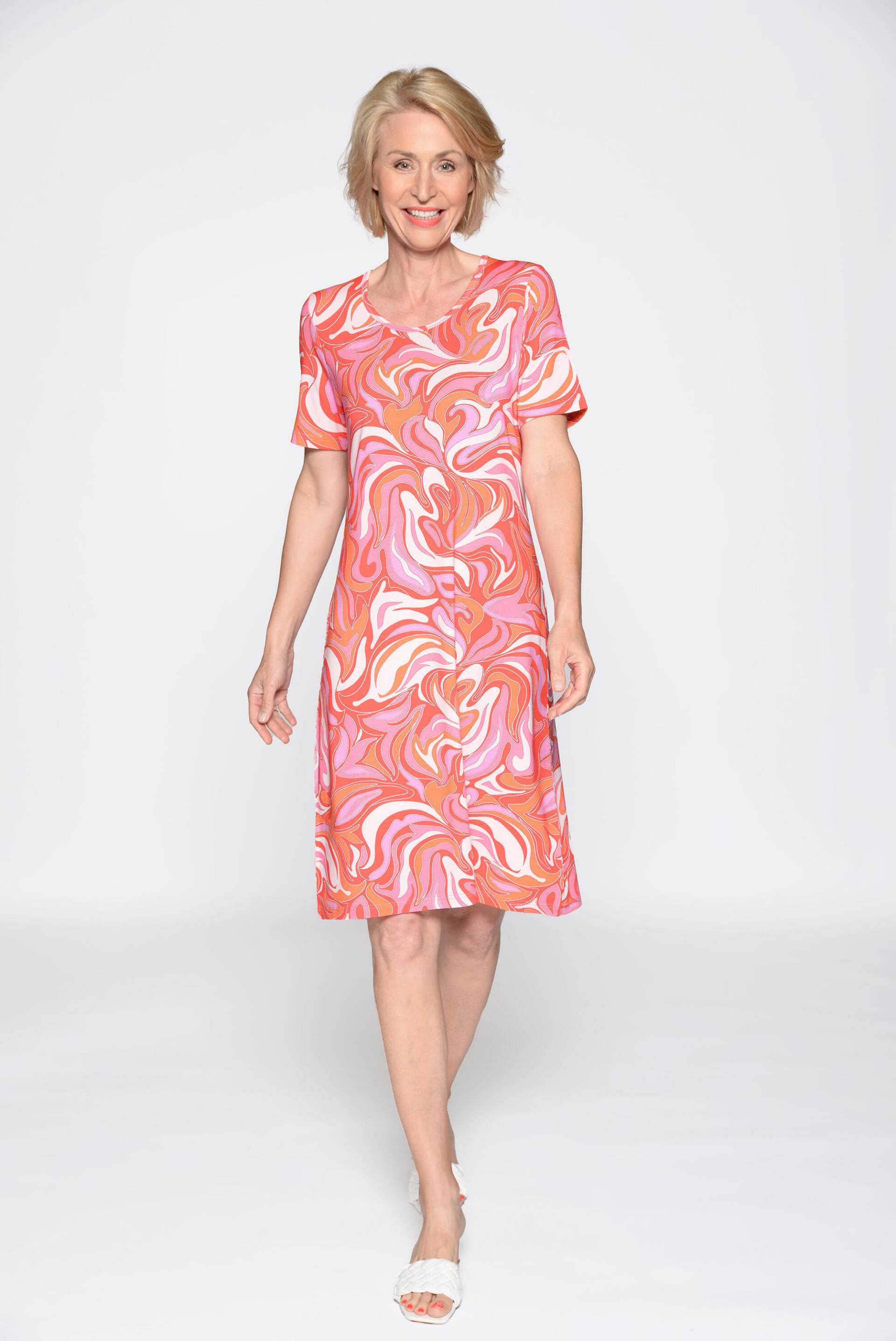 CLARINA - Rdh.-Kleid, 1/2 Arm, Druck pfirsich-pink - Gr. - 44 von CLARINA