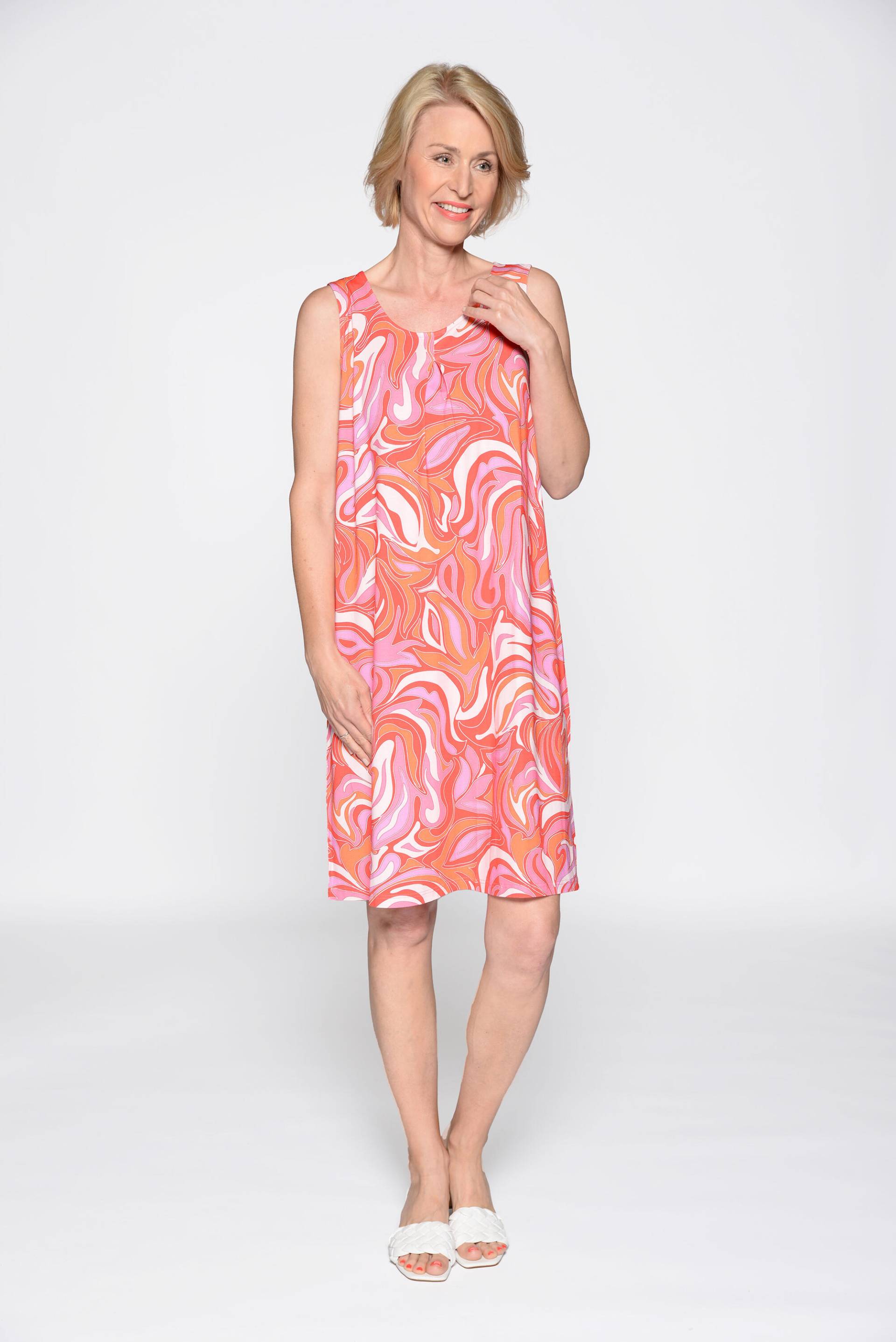 CLARINA - Rdh.-Kleid, ohne Arm, Druck pfirsich-pink - Gr. - 40 von CLARINA