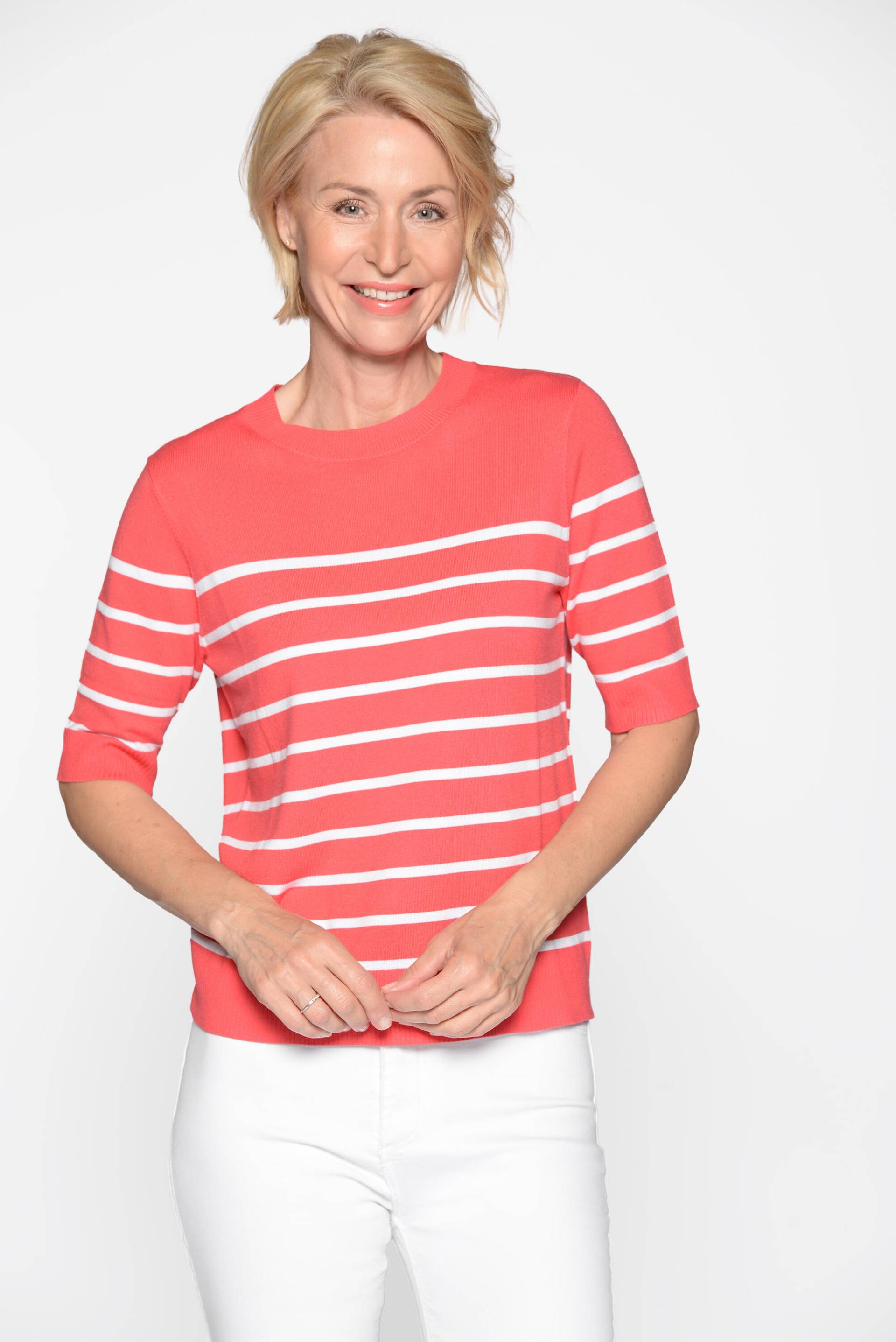 CLARINA - Rdh.-Pullover, 1/2 Arm, Ringel 451 geranie-offwhite - Gr. - 44 von CLARINA