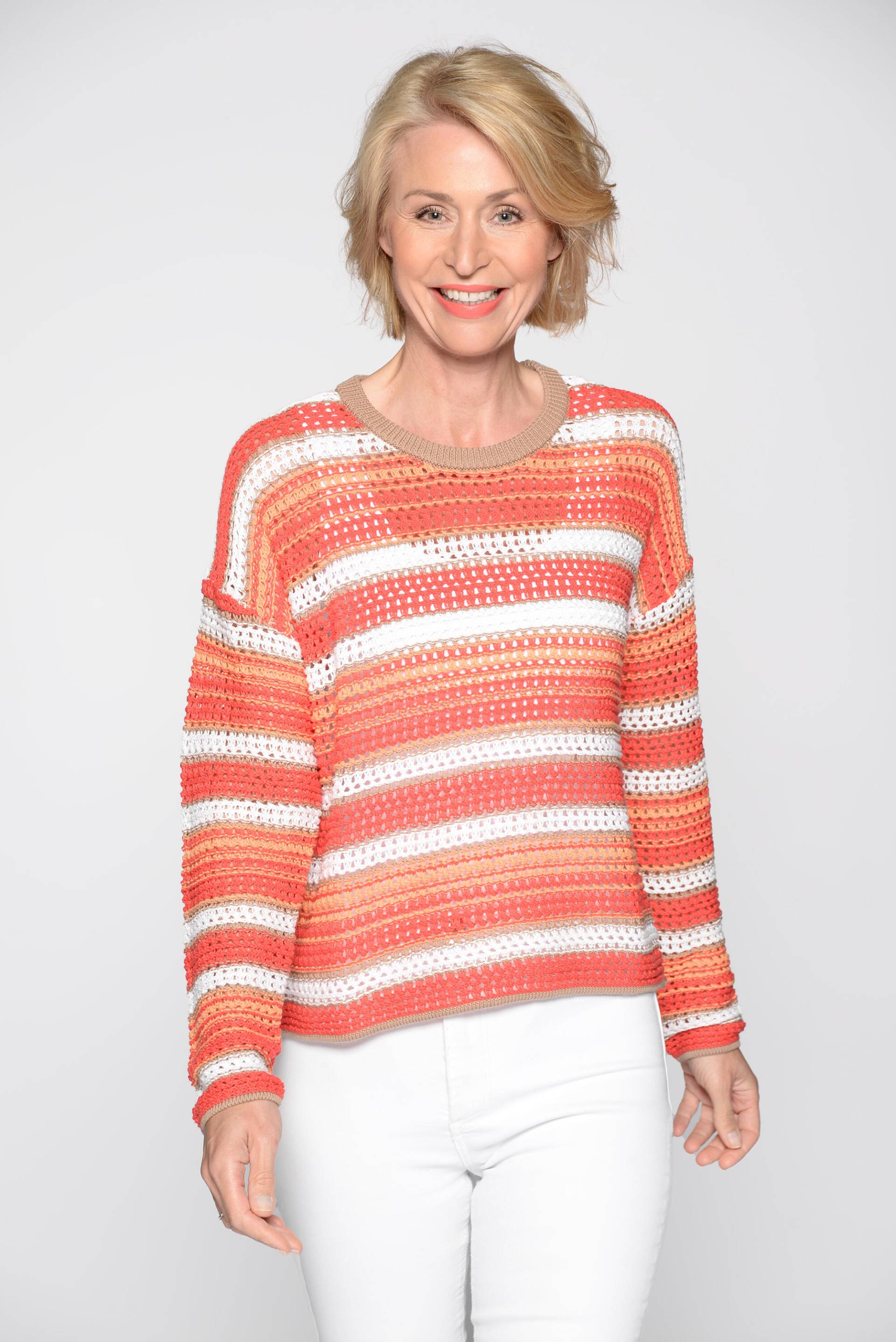 CLARINA - Rdh.-Pullover,1/1 Arm,Streifen nougat-geranie - Gr. - 42 von CLARINA