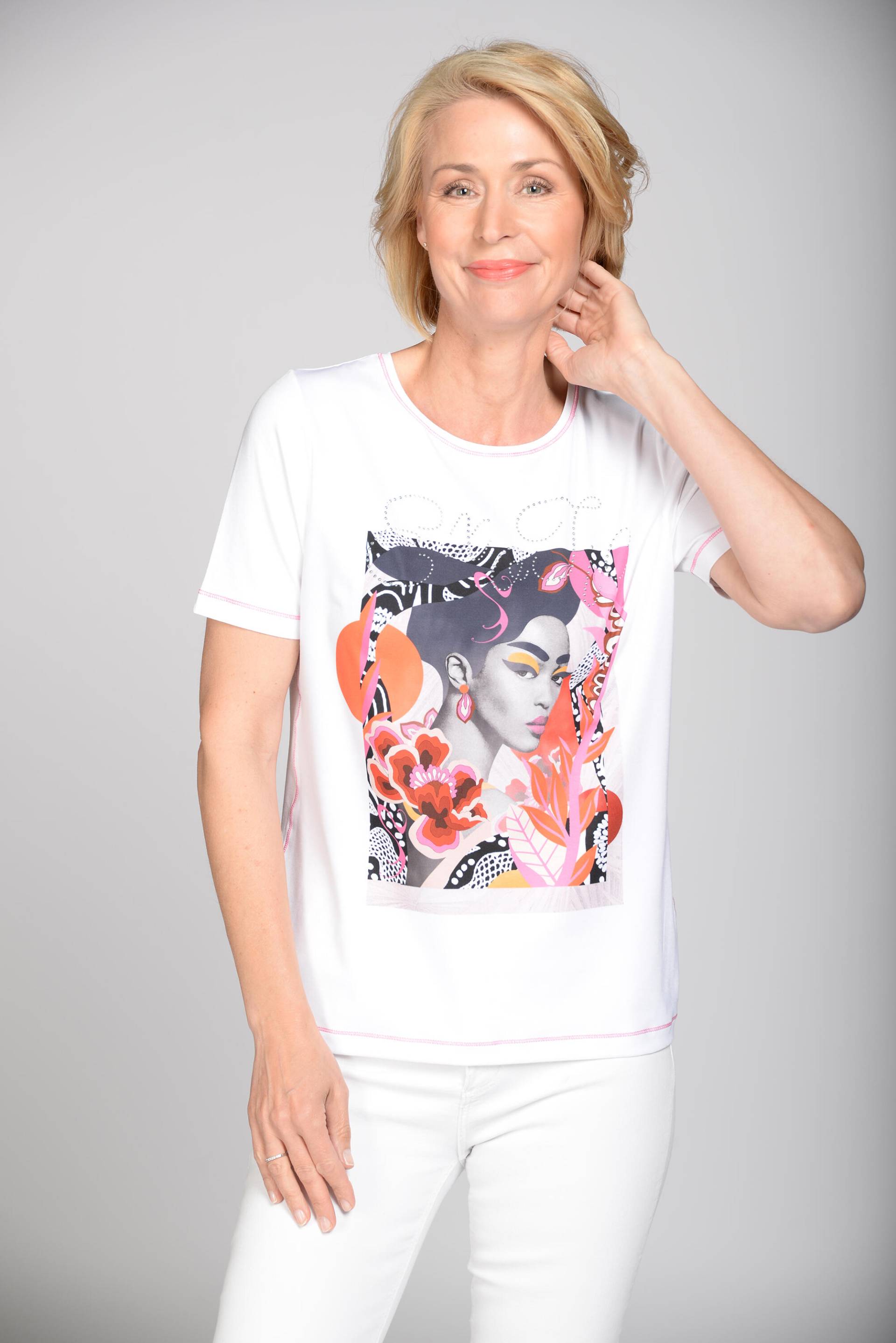 CLARINA - Rdh.-Shirt, 1/2 Arm, Druck weiss-pink - Gr. - 46 von CLARINA