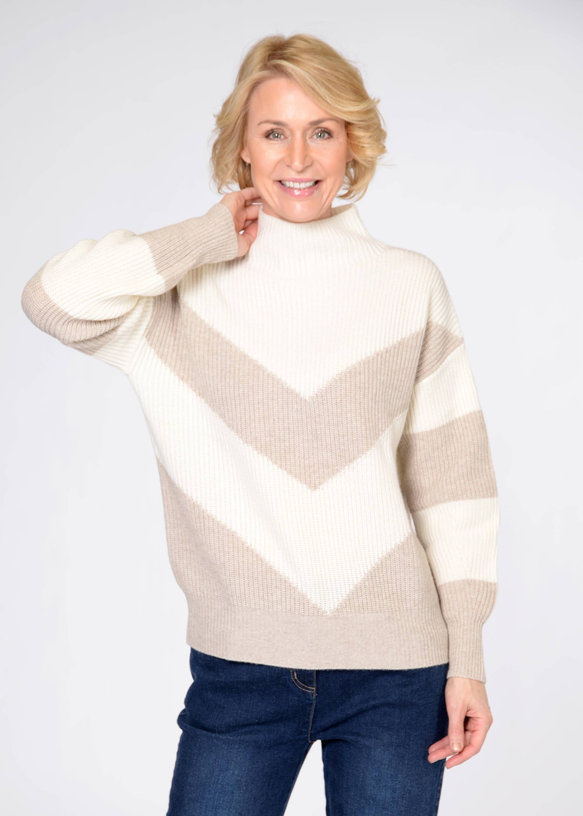 CLARINA - Stehbund-Pullover, 1/1 Arm sand mel.-offwhite - Gr. - 42 von CLARINA