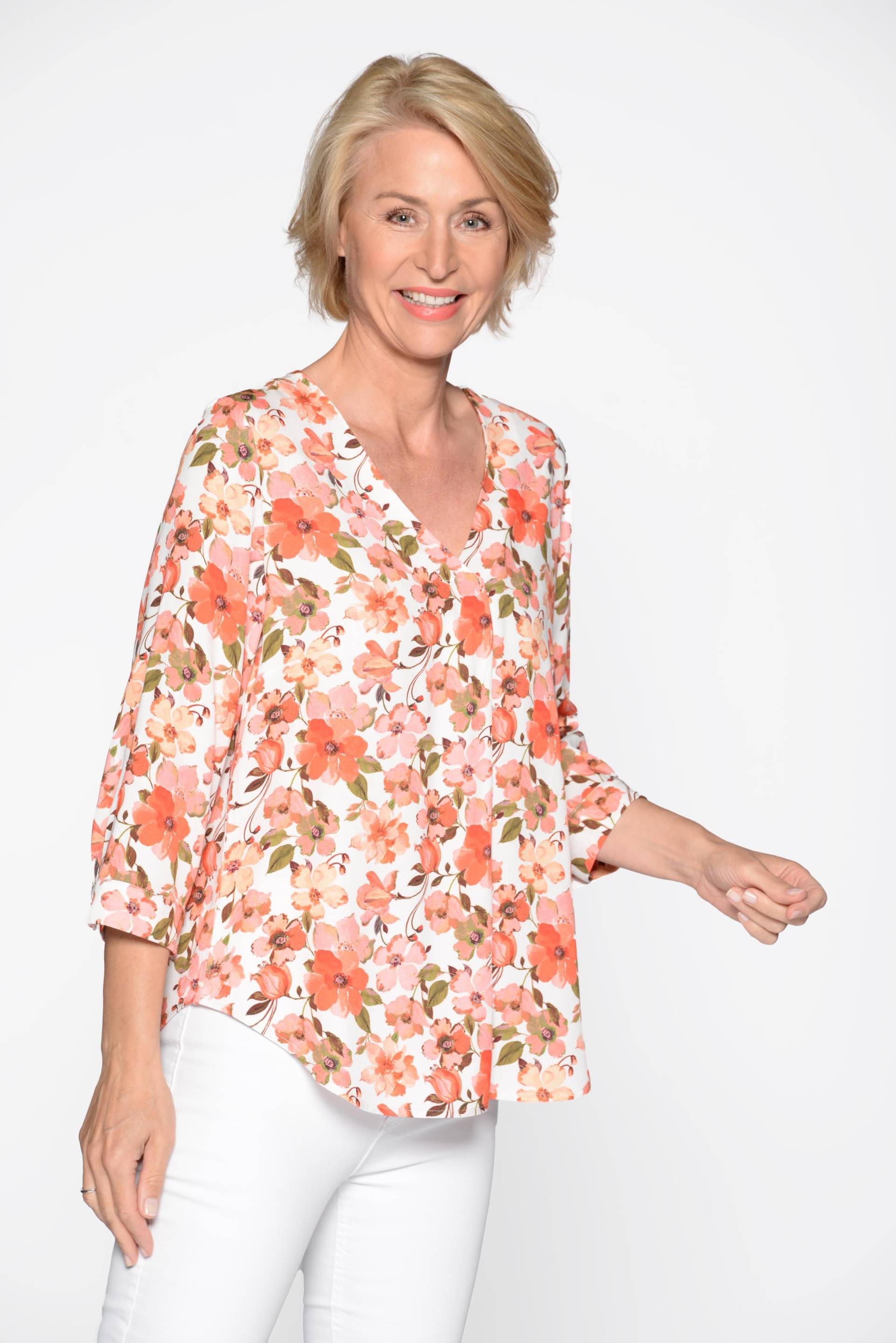 CLARINA - V-Bluse, 3/4 Arm, Druck pfirsich combo - Gr. - 38 von CLARINA