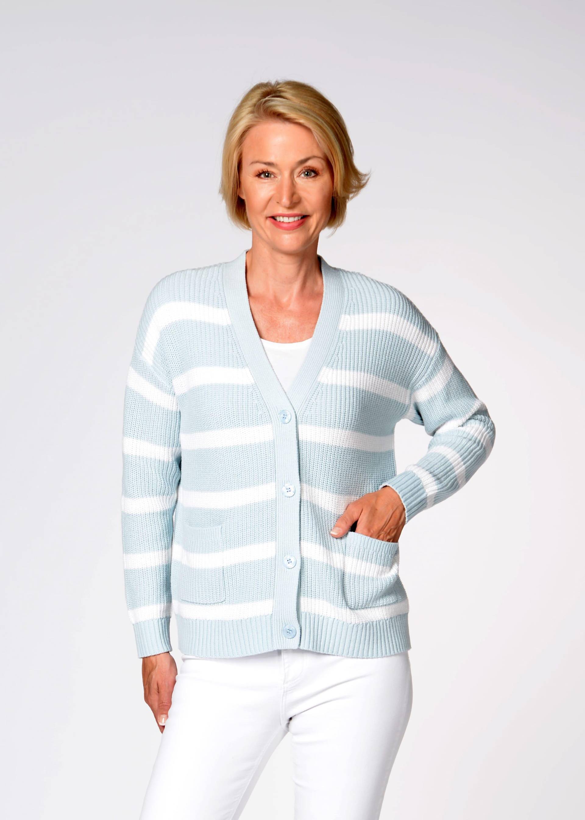 CLARINA - V-Cardigan, 1/1 Arm, Streifen bleu-weiss - Gr. - 42 von CLARINA