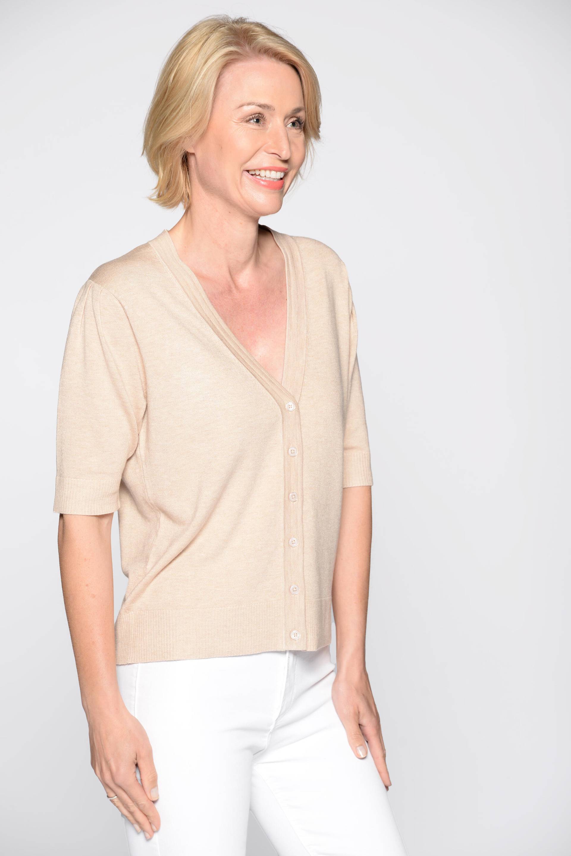 CLARINA - V-Cardigan, 1/2 Arm, uni 202 sand mel. - Gr. - 36 von CLARINA