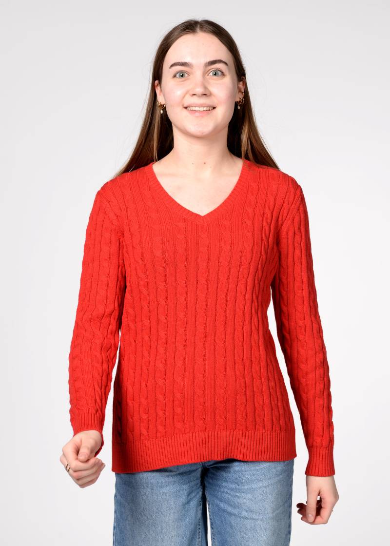 CLARINA - V-Pullover, 1/1 Arm, Zopf rot - Gr. - 44 von CLARINA