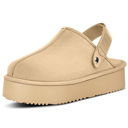 Clogs für Damen Plateau Wildleder Damen Pantoletten & Clogs Plateau Hausschuhe Verstellbare Schnürsenkel Slip-On Indoor und Outdoor, Beige-ungepolstert, 38.5 EU von CLASETERN