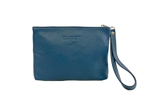 CLASSE77 Handtasche aus weichem Echtleder – kleine Clutch mit Handgelenkschlaufe, für Damen oder Herren, praktisch und elegant, handgefertigt, hergestellt in Italien, Avio Blue von CLASSE77