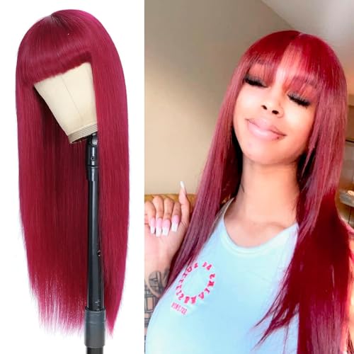 Burgundy Human Hair Wig with Bang Straight Echthaar Perücke None Lace Front Wig Human Hair Perücke Echthaar Damen Red Straight Perücke 99j Burgundy Wig Human Hair 16 Zoll von CLASSINE