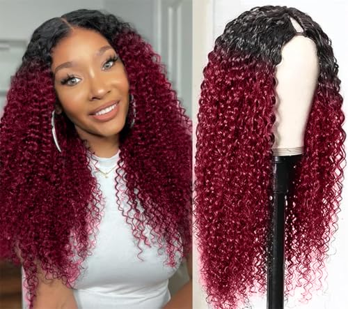 Curly V Part Wig Human Hair Burgundy Echthaar Perücke Real Hair Wig Red V Part Real Lockiges Menschliches Haar Perücke Afro Curly Wigs Human Hair Brasilianische Perücken Echthaar Damen 26Zoll von CLASSINE
