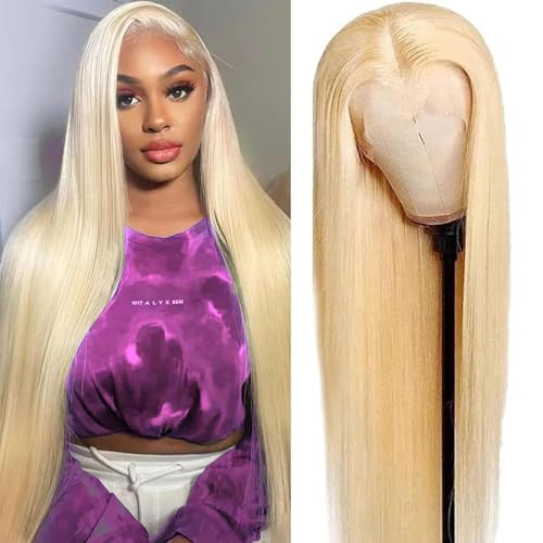 Echthaar Perücke Schwarz Frauen 613 Farbe 13x4 HD Straight Lace Front Wig 180% Density Blonde Transparent Straight Lace Front Perücke 26 inch Pre Plucked with Baby Hair von CLASSINE