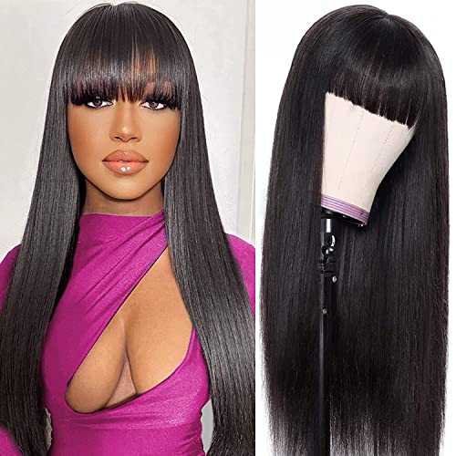 Straight Wig with Bangs Echthaar perücke Human Hair Wigs with Bangs Brasilianisches Perücken Echthaar Damen Glueless Brazilian None Lace Front Wig 16" (40 cm) von CLASSINE