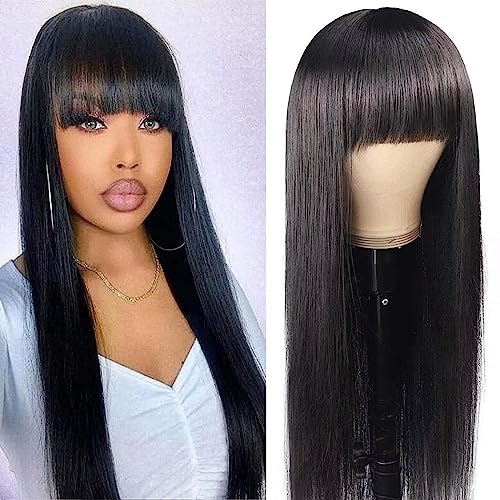 Straight Wig with Bangs Echthaar perücke Human Hair Wigs with Bangs Brasilianisches Perücken Echthaar Damen Glueless Brazilian None Lace Front Wig 26 inch von CLASSINE