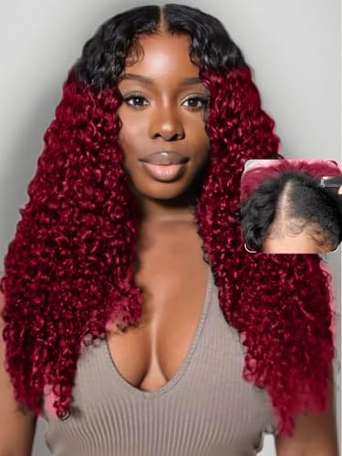 Water Wave V Part Wig Human Hair for Women Burgundy Perücke Echthaar 10A Upgraded U part Wig Human Hair Beginner Friendly Burgundy Wig V Shape Wigs Half Wigs Curly V Part Wig 16INCH von CLASSINE