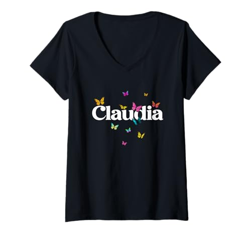 Damen Claudia - Schöner Mädchen Name mit bunten Schmetterlingen T-Shirt mit V-Ausschnitt Damen Claudia - Schöner Mädchen Name mit bunten Schmetterlingen T-Shirt mit V-Ausschnitt von CLAUDIA Tochter Enkel Geburtstag Geschenkideen