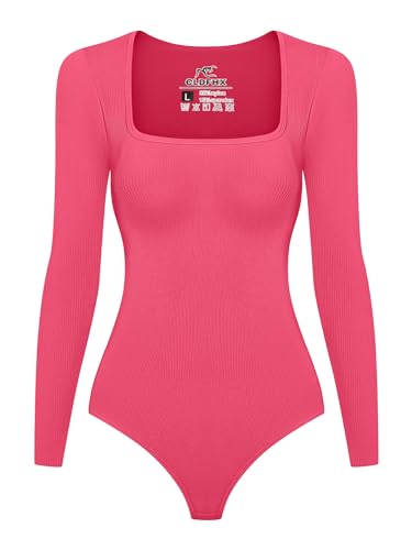 CLDFHX Damen Bodysuit Langarm Gerippt Sexy Slimming Jumpsuit Integrierter Oberteil Damen Elegant Nahtlos mit Eckigem Ausschnitt, Rosa, L von CLDFHX