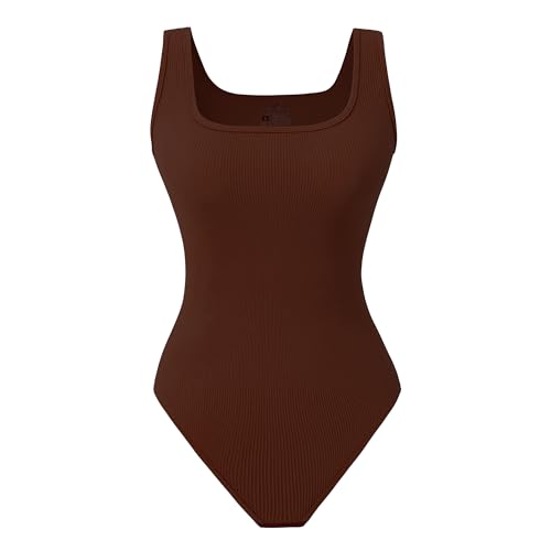 CLDFHX Damen Bodysuit Nahtlos Shaperwear Bauchweg Ganzkörper Body Sculpting Tops Ärmellos Eckigem Ausschnitt mit Haken, S, Braun von CLDFHX
