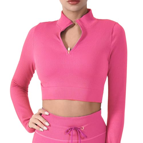 CLDFHX Damen Sport Crop Tops Nahtlos Rippshirt Damen Top Langarm mit Reissverschluss für Gym Yoga Workout, Rosa, M von CLDFHX