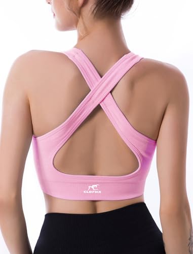 CLDFHX Damen Sport BH Gekreuzt Nahtlos Ohne Bügel Bequem Sport Top Crop Gym BH mit Kreuzträgern für Yoga Workout Fitness, Rosa, L von CLDFHX