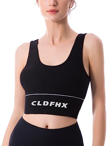 CLDFHX Damen Sport BH Nahtlos Ohne Bügel Herausnehmbare Gepolstert Longline Sport Crop Tops für Yoga Workout Fitness, Schwarz, S von CLDFHX